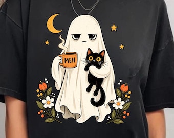 Funny Halloween Png, Ghost Black Cat Meh Coffee Mug Cute Spooky Shirt Design, Digital Download