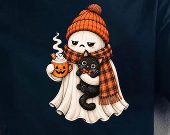 Funny Halloween Png, Ghost Black Cat Meh Coffee Mug Cute Spooky Shirt Design, Digital Download