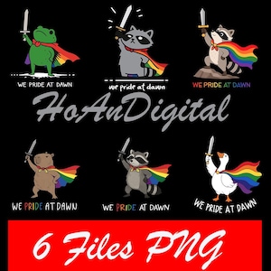 Könnte beinhalten: Ein digitales Grafikset mit sechs Tierillustrationen, darunter ein Frosch, Waschbären, ein Wasserschwein und eine Gans, die jeweils einen Regenbogenumhang tragen und ein Schwert halten. Der Text WE PRIDE AT DAWN steht unter jeder Figur.