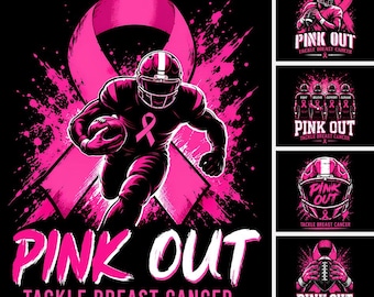 Könnte beinhalten: Ein Grafikdesign mit einem Footballspieler in Helm und Uniform, der mit einem Football läuft, vor einem großen rosa Bewusstseinsband und Farbspritzern. Der Text lautet PINK OUT TACKLE BREAST CANCER in fetten rosa und weißen Buchstaben.