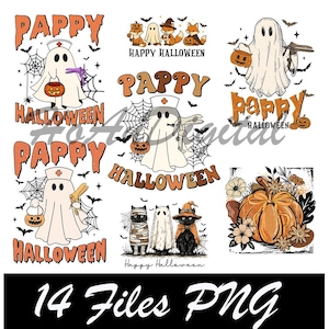 May include: A collection of Halloween-themed digital designs. The designs include ghosts, pumpkins, bats, and cats in costumes. Text includes "Pappy Halloween" and "Happy Halloween". The designs are in orange, black, and white.