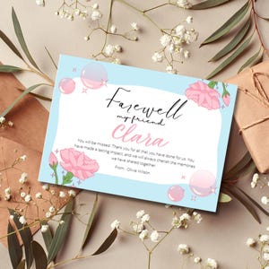 Carte d'adieu pour un ami, modèle de carte 0158, modèle de carte de départ d'un collègue canva, message d'adieu pastel avec fleurs et bulles