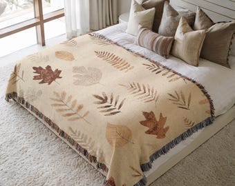 Autumn Leaves Woven Blanket, Fall Leaf Throw Blanket, Cozy Neutral Home Decor, Rustic Cottagecore Aesthetic, Seasonal Autumn Gift Idea 00129