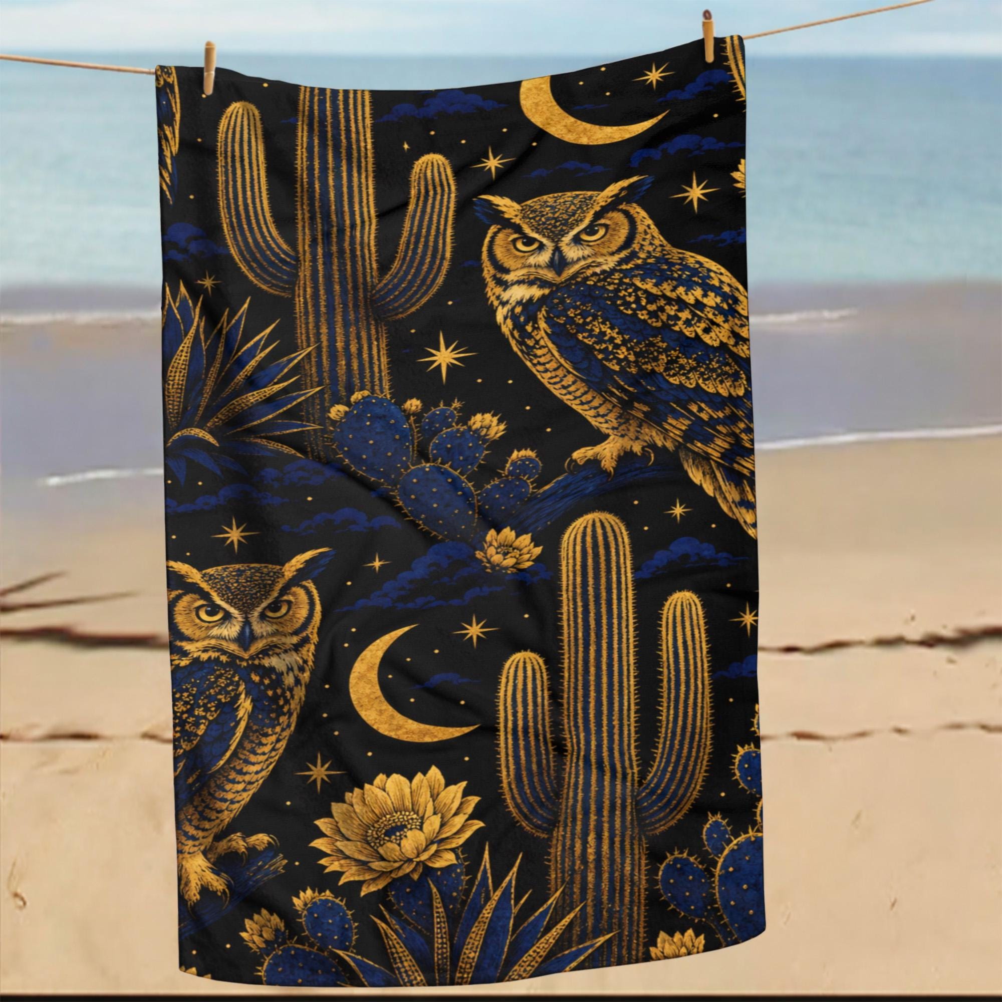 Celestial Owl Beach Towel, Printed Desert Cactus Pool Towel, Mystical Moon Gift For Her, Custom Prin