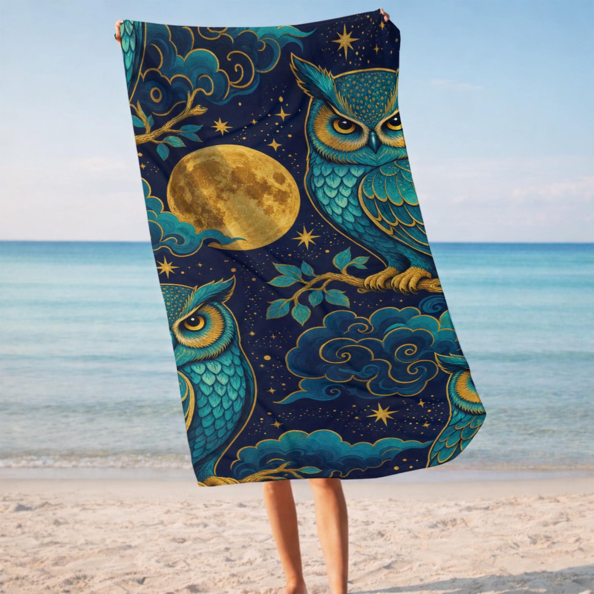Mystical Owl Beach Towel, Celestial Full Moon Towel, Gothic Whimsical Gift For Her, Starry Night Poo