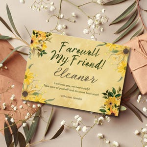 Carte d'adieu Canva pour ami, modèle d'adieu sur le thème tournesol, carte imprimable modifiable pour collègue 0149