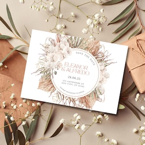 Modèle bohème « Save the Date » sur toile, carte de mariage modifiable avec fleurs séchées, design minimaliste neutre, téléchargement immédiat, invitation 0169