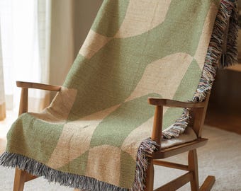 Sage Green Wavy Checker Woven Blanket, Modern Minimalist Throw, Neutral Aesthetic Home Decor, Cozy Boho Blanket, Trendy Room Gift Idea 00140