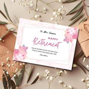 Bearbeitbare Ruhestandskarte Canva Vorlage, rosa Blumenmuster, digital druckbare Auf Wiedersehenskarte, Geschenk für Kollegen oder Lehrer 0139