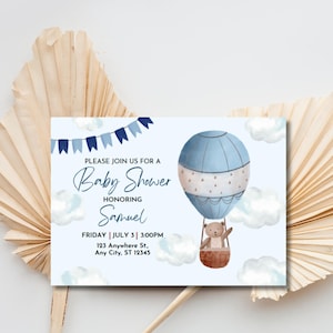 Adventure Baby Shower Invitation, Hot Air Balloon Bear Canva Template, Editable Digital Download, Baby Boy Party Invite 0094