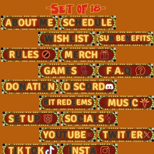 May include: Digital graphics for a streamer's online presence, featuring text panels. Panels include "About Me," "Schedule," "Wishlist," "Sub Benefits," "Rules," "Merch," "Games," "FAQ," "Donation," "Discord," "Bit Redems," "Music," "Setup," "Socials," "YouTube," "Twitter," "TikTok," and "Insta."