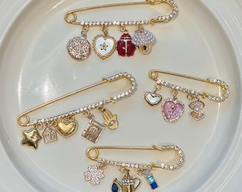 Custom Safety Brooch with Charms - Y2K Bag Charm Pin - Personalized Crystal Heart Star Mushroom - Mix & Match Jewelry Brooch Bridal Gift