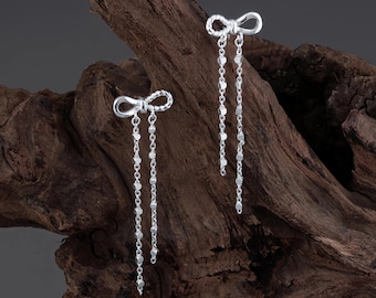 Sterling Silver Bow Earrings | Dangle Drop Chain Earrings | Gift for Her