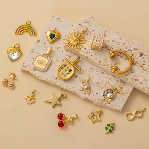 Lucky Charm Set, 18K Gold Plated Celestial Evil Eye Rainbow Charms, Sun Moon Star Pendants for DIY Jewelry, Charms for Necklaces Bracelets