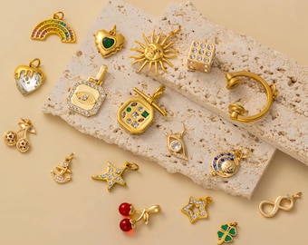 Lucky Charm Set, 18K Gold Plated Celestial Evil Eye Rainbow Charms, Sun Moon Star Pendants for DIY Jewelry, Charms for Necklaces Bracelets