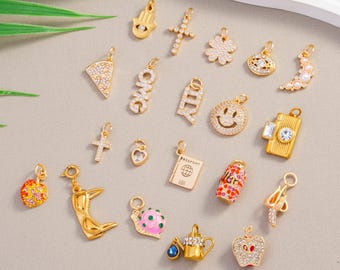 18K Gold Plated Enamel Charms with CZ Crystal, DIY Jewelry Supplies