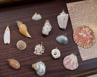 May include: A collection of seashell pendants and charms in various shapes and sizes, including spiral, teardrop, and fan shapes. Some are adorned with rhinestones or gold-colored metal trim. The shells are in shades of white, tan, pink, and silver.