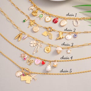 May include: Five gold-colored charm necklaces with various pendants, including a horseshoe, a ladybug, a rainbow, a cowboy hat, and a four-leaf clover. The necklaces are displayed on a light gray surface. The chains are labeled "chain 1" through "chain 5".