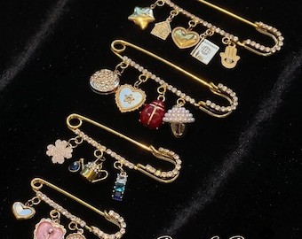 Custom Safety Brooch with Charms - Y2K Bag Charm Pin - Personalized Crystal Heart Star Mushroom - Mix & Match Jewelry Brooch Bridal Gift