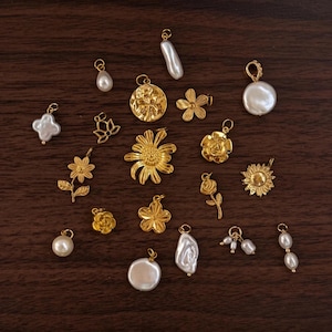 Gold Floral Pearl Necklace Charms, Dainty Flower Pendant, French Jewelry