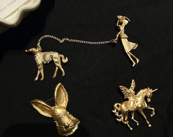 Vintage Gold Plated Brooch Set: Fairy, Unicorn, Rabbit & Dog Pins