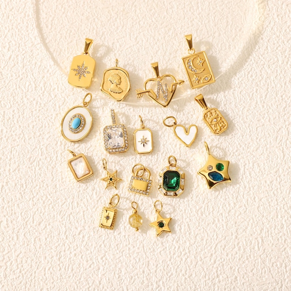 18K Gold Plated Charms Set Bulk Crystal Gemstone Star Lock Coin Pendant DIY Jewelry Making Supplies Necklace Bracelet Findings