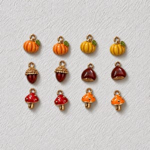 Può includere: Un set di dodici ciondoli in metallo con dettagli in smalto. Il set include quattro zucche arancioni e gialle con foglie verdi, quattro ghiande e castagne marroni, e quattro funghi rossi e arancioni con puntini bianchi, ognuno con un piccolo occhiello.