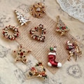 Vintage Christmas Brooch Pins Set - Gold Rhinestone Holiday Jewelry - Tree Wreath Star Reindeer Bell - Festive Coat Scarf Pin Collection