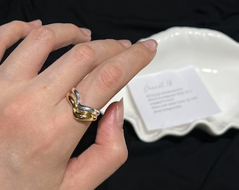 Two-Tone Wave Ring: 925 Sterling Silver Gold, Adjustable Open Design