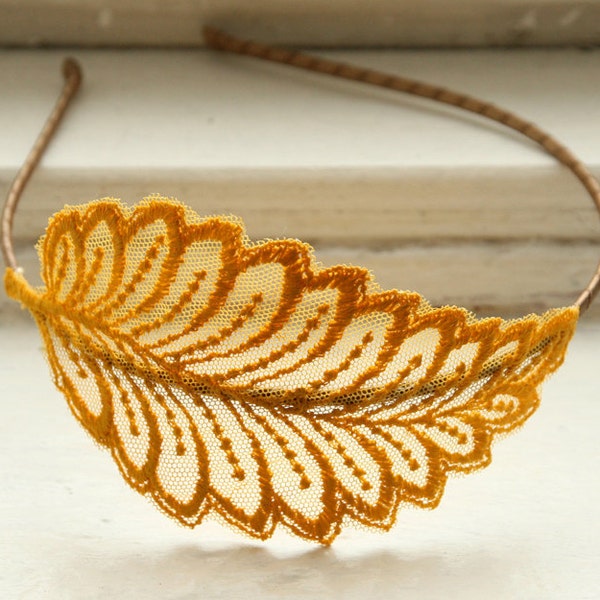 LAST ONE Lace Headband - Manae in Mustard - Leaf Bridesmaid Fascinator - Hair Accessory For Her