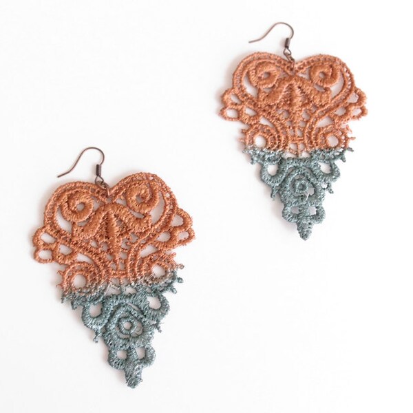 Copper Patina Earrings - Millicent - Ombre Hand Painted Lace Jewelry - Statement Earrings For Her