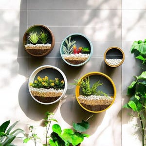 丸型壁掛け花瓶プランター：単色盆栽花瓶、造花バスケット、カラーストーン装飾 - パーフェクトホームアート