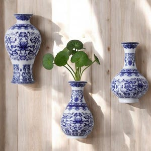 Antique blue & white porcelain vase with lucky bamboo, perfect for living room decor or wall hanging