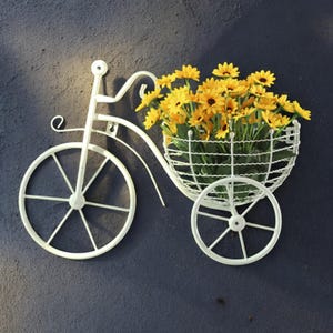 レトロな自転車フラワーバスケットウォールアート - 家庭用のユニークな吊り下げ式メタル装飾、ヴィンテージスタイルのオーナメント、壁掛けラック