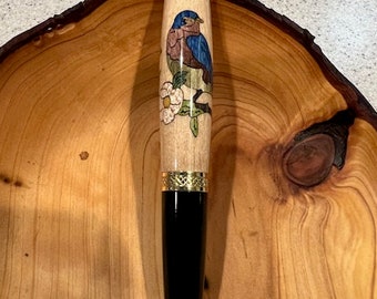 READY TO SHIP! Bluebird with White Flower Wood Inlay Pen - Gold Metal Apprentice Classica Pen - Hand Crafted and Turned Laser Inlay Pen