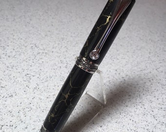 MAJESTIC Rhodium & Black Titanium T/N Rollerball Pen - Tru Stone Black Gold Matrix - Clear Swarovski Crystal - Hand Crafted - Ready to Ship