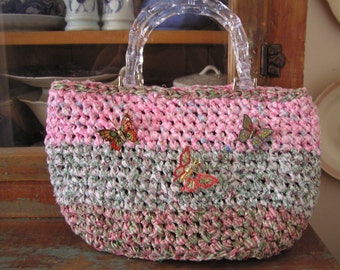 Hand Crochet 'Butterfly Gardens' Fabric Shabby Chic Handbag - Acrylic Bamboo Handles - Vintage Butterfly Pin Adornments - Free Shipping