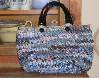 OOAK Hand Crochet 'Blue Midnight Mosaic' Fabric Rag Bag Handbag - Black Acrylic Handles -Embossed Flower Buttons-Fabric Lined -Free Shipping