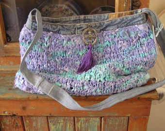 OOAK Leilani ‘Rag Bag’ Messenger Bag - Recycled Jeans Liner - Hand Knit Bag - Toggle Closure – Tassel & Pendant Adornment - Free Shipping!!