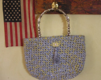 OOAK Hand Crochet 'Martha's Vineyard' Fabric Handbag - 'Silver' Beaded Handles - Tassel - Fabric Lined with Gingham - Free Shipping