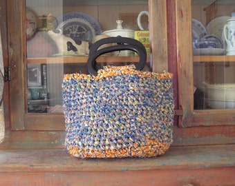 Hand Crochet 'Santa Fe' Fabric Rag Bag Handbag - Black Oval Wood Handles - Plaid Rag Bag - Beach Bag - Free Shipping