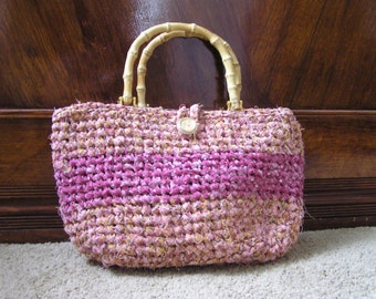 Hand Crochet 'Bali Breeze' Fabric Hand Bag Purse - Natural Bamboo Handles - Gold Flower Pattern Button Closure - Free Shipping