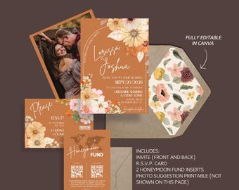 Burnt Orange Boho Wedding Invitation Set: Floral Canva Template (Digital Download