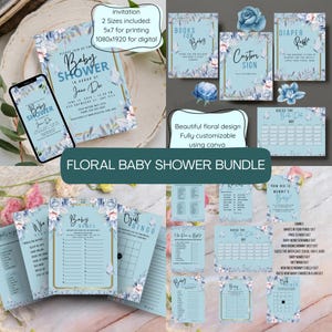 Blue Floral Baby Shower Bundle Customizable Template Set edit on canva