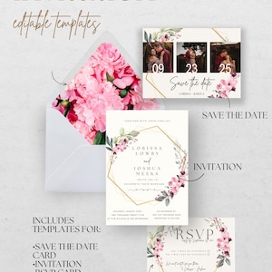 Minimalist Wedding invitations,  Black and flowers Wedding Invite, Editable Wedding Invitation, Canva Wedding Invitation Template, RSVP