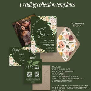 Fall Wedding invitations,  Green Wedding Invite, Editable Wedding Invitation, Canva Wedding Invitation Template, RSVP, Printable