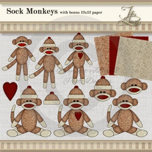May include: A collection of sock monkey designs, including standing and seated figures, with red heart accents and matching hats. The image also includes decorative paper sheets and the text "Sock Monkeys with bonus 12x12 paper".