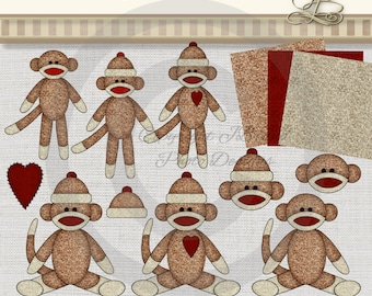 Sock Monkey Clipart with bonus digital papers for personal or commercial projects