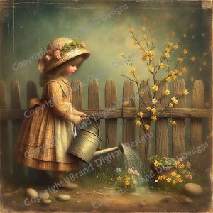 Imagen digital de una niña regando flores (antigua) - Granja, Campo, Descarga digital, Imprimible, Decoupage, Sublimación, Arte mural, Suministros