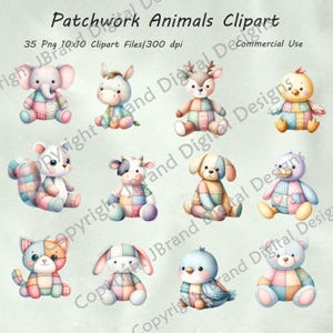 Puede incluir: Un conjunto de 10 imágenes de clipart digital que presentan animales de patchwork. Los animales incluyen una vaca, un ciervo, un conejito, un gato, un perro, un pájaro, una ardilla, un pollito, un burro y un elefante. Todos los animales están sentados y tienen un diseño de patchwork con varios colores, incluyendo rosa, azul, verde, amarillo y rojo.